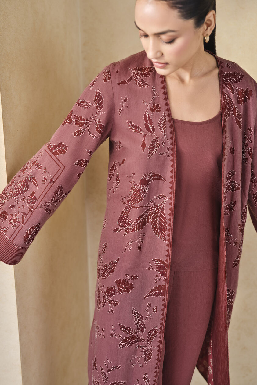 Rhubarb Hand-embroidered Kantha Linen Overlayer Set - Pink, Pink, image 7